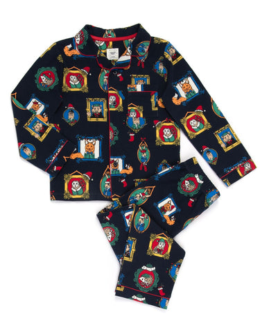 Kids Navy Festive Frames Print Organic Cotton Long Pyjama Set